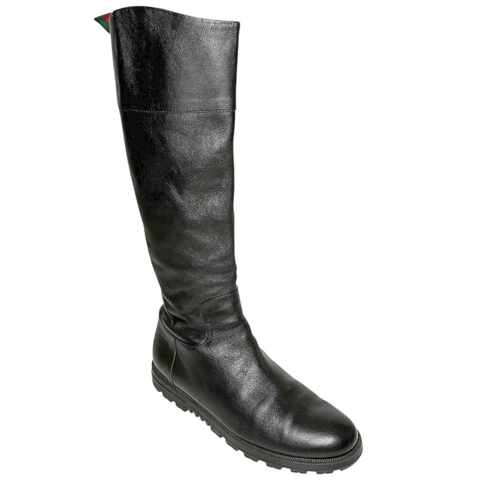 Gucci Black Leather Knee-High Boot with Signature Heel Tab